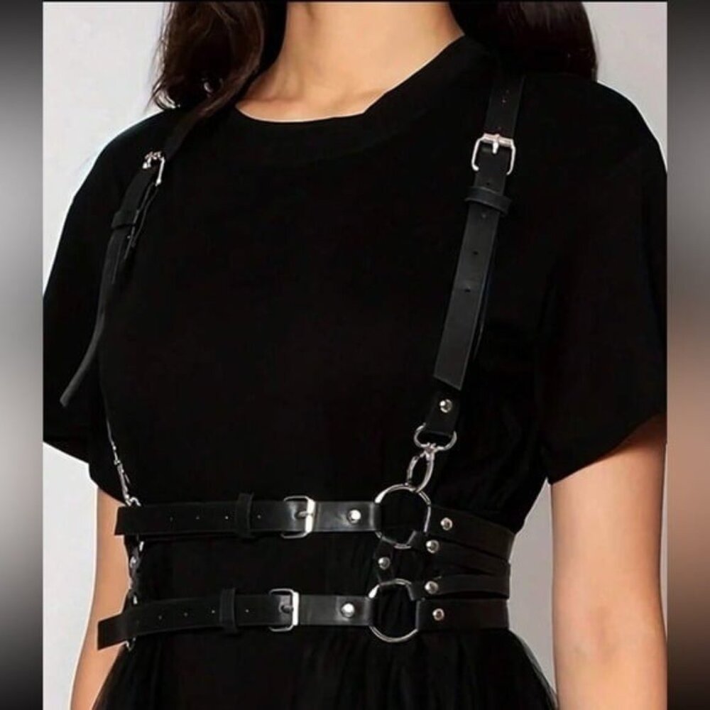 PU Leather Suspender Circle Buckle Harness Belt